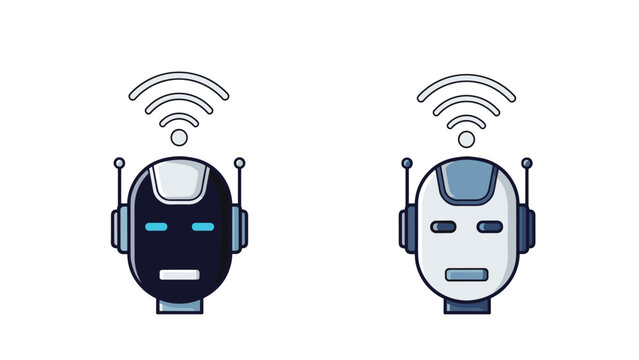 Set of two modern robot head icons, one black and one white, both featuring antennas and a Wi-Fi signal symbol.