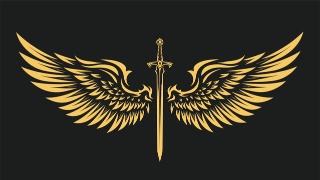 Golden emblem of a medieval sword with a pair of large, feathered angel wings spread out on either side on a dark background.
