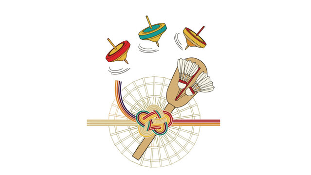 Traditional Japanese New Year's games illustration, including spinning tops, a battledore, shuttlecocks, and a decorative mizuhiki knot.