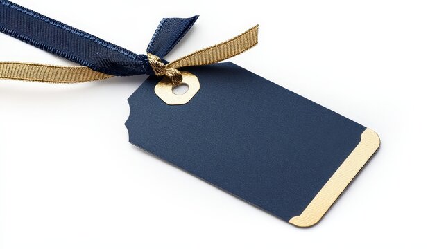 Dark Blue Gift Tag with Gold Trim and Decorative Ribbon Bow on White Background, Elegant Label for Special Occasions