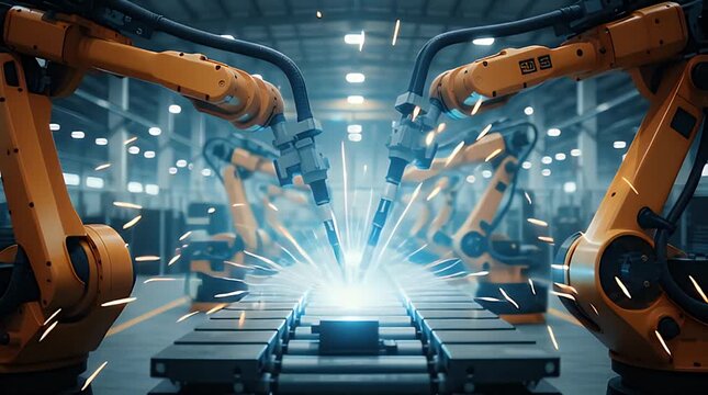 Advanced industrial robotic arms precisely perform automated welding operations on an assembly line within a futuristic high-tech factory setting emphasizing manufacturing innovation