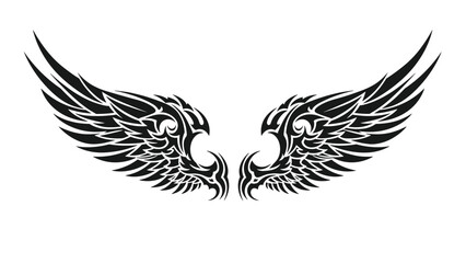 Fototapeta premium Black and white illustration of a pair of detailed, tribal-style angel or bird wings, suitable for a tattoo design or decal sticker.