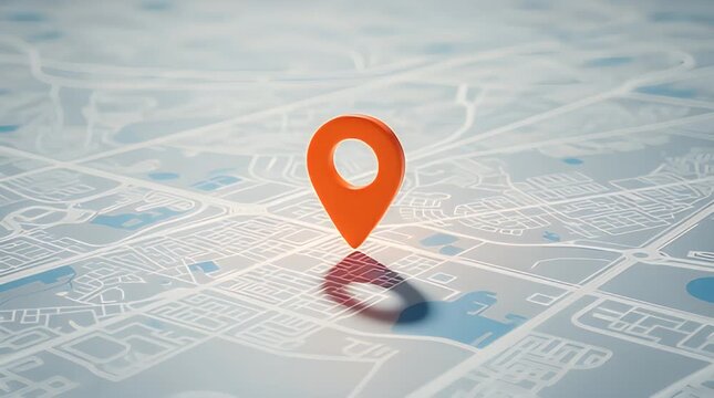 A bright orange map pointer icon hovering above a blurred digital city map symbolizing precise navigation location tracking and destination finding in modern technology.