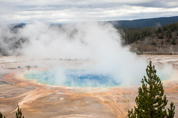 Grand Prismatic Spring steaming in Yellowstone National Park Wyoming, USA
