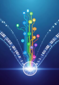 Dynamic visualization of enterprise-level AI integrating diverse data sources into coherent workflows, driving powerful insights and business intelligence, pipeline, organizational, insights