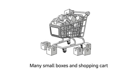 Shopping cart full of small boxes and packages illustration. © Hafiz
