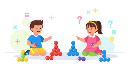 Fototapeta premium Children playing with colorful balls, learning math and logic games