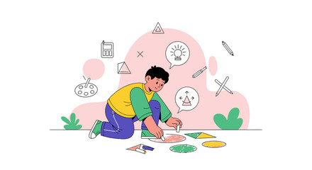 Fototapeta premium Creative Child Assembling Geometric Shapes, Learning and Playing