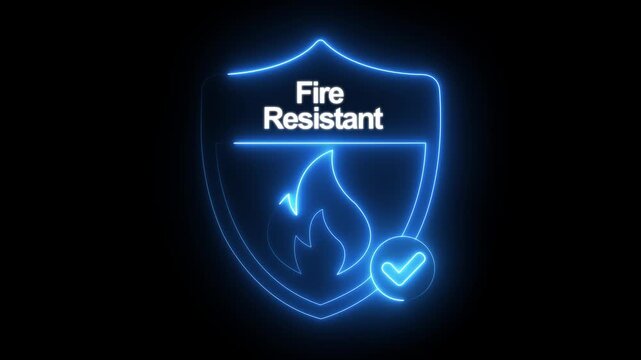 glowing neon fire resistant icon isolated on black background. Fire safety shield icon animation. flame, fireproof. Regulatory compliance. HD video motion graphic animation ,
