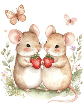 Charming illustration features two adorable mice holding strawberries. Butterflies flutter above them amid watercolor flora