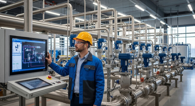 Industrial worker in blue uniform and yellow hard hat operating control panel in fact