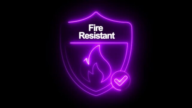 glowing neon fire resistant icon isolated on black background. Fire safety shield icon animation. flame, fireproof. Regulatory compliance. HD video motion graphic animation ,
