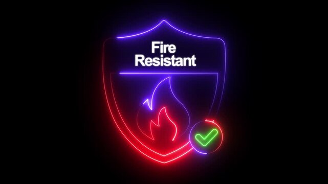 glowing neon fire resistant icon isolated on black background. Fire safety shield icon animation. flame, fireproof. Regulatory compliance. HD video motion graphic animation ,
