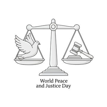 World Peace and Justice Day Illustration Emphasizing Scales, Dove, and Gavel Symbolism.