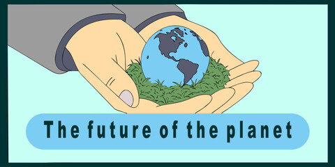 Hands holding planet Earth symbolizing environmental protection and sustainability. Concept of global responsibility, climate awareness, eco conservation and future of the planet illustration.