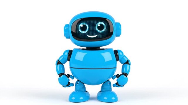 Friendly Blue Robot Waving Hello on White Background