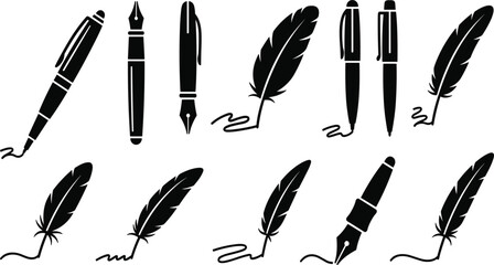 Collection of Black Silhouette Writing Icons Featuring Fountain Pens Quill Feathers and Ballpoint Pens for Calligraphy Literature Education Branding and Artistic Graphic Design © MDMAHADI