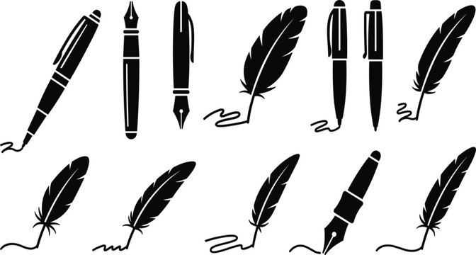 Collection of Black Silhouette Writing Icons Featuring Fountain Pens Quill Feathers and Ballpoint Pens for Calligraphy Literature Education Branding and Artistic Graphic Design