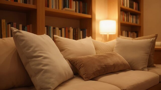 Cozy sofa with plush pillows in front of a warm, book-filled shelf