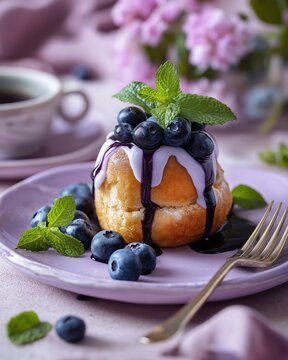 Gourmet blueberry pastry with lavender glaze on a pastel purple plate