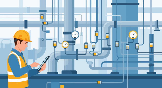 Industrial worker in yellow hard hat and vest checking pipeline system with clipboard