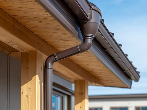 青空の下で住宅の軒下に取り付けられた茶色の雨樋と木目が美しい軒天のクローズアップ写真