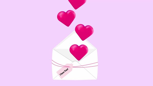 Pink hearts flying out of the white opened envelope decorated with the tag I love you. Horizontal Full HD  animated video. Valentine's day celebration.