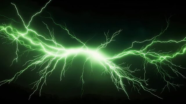 Green electric lightning bolts flashing against a dark background with energy sparks.