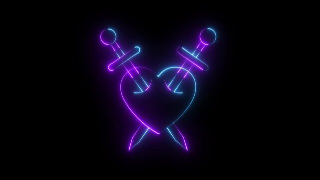 Glowing neon broken heart icon isolated on black background. Broken heart icon animation. Concept of unrequited love, broken heart neon animation Neon broken line heart divorce icon.4k video 