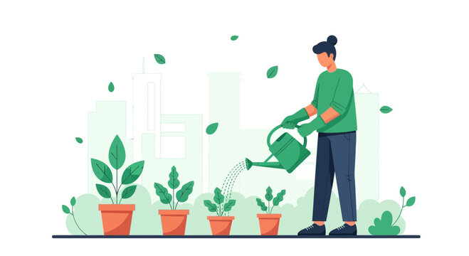 Gardener watering plants in urban garden, city skyline background, sustainable living concept