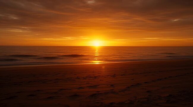 Sun setting over tranquil ocean and sandy beach, casting warm orange hues