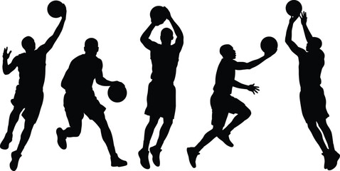 Basketball player silhouettes set, dynamic action poses dribbling shooting jumping isolated on white background black vector illustration © MdNurAlam