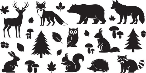 Fototapeta premium Black silhouettes of forest animals and trees on white background
