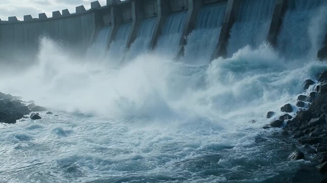 Massive concrete dam releases torrents of water into turbulent ocean waves