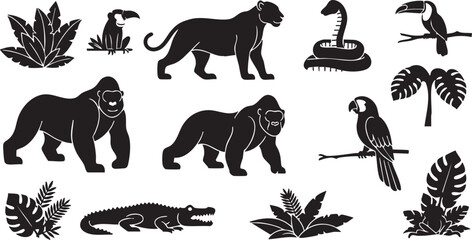 Fototapeta premium Black silhouettes of jungle animals and tropical plants on white background