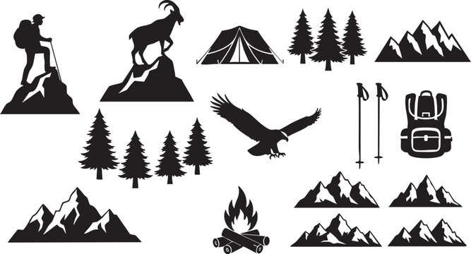 Black silhouettes of wilderness and outdoor recreation icons and landscapes in various scenes and compositions
