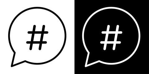 Obraz premium Hashtag icon in outline style inside speech bubble representing social media tagging, trending topics, online discussion and digital communication.