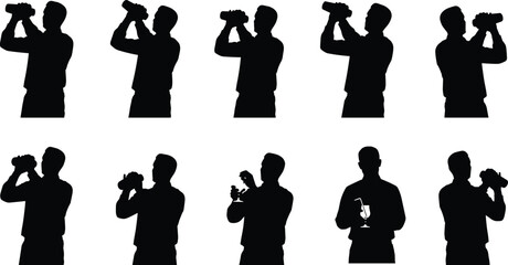 Man drinking water and beverage silhouette set isolated on white background, male hydration drink bottle glass vector illustration