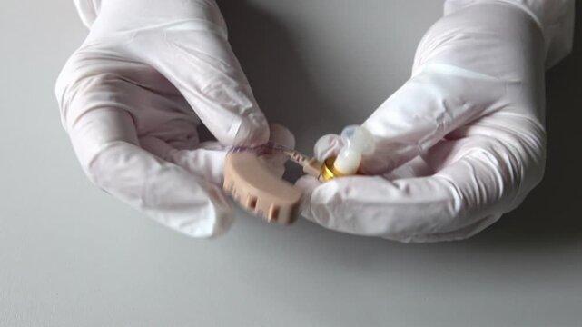 medicin person maintains hearing aid in gloved hand