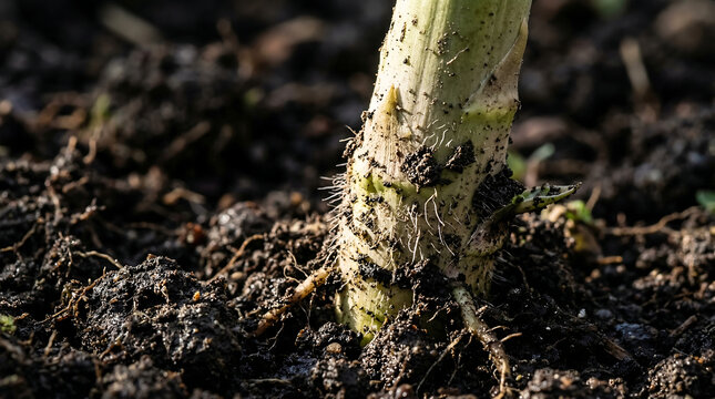 Close-up of the tender base and root system of a fresh asparagus stalk growing in rich soil