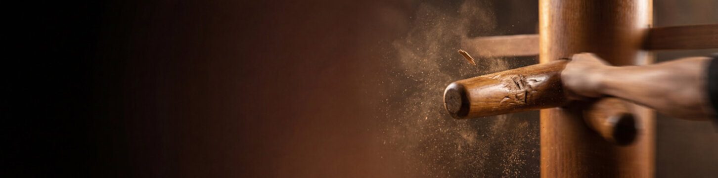 Dynamic horizontal banner of a hand striking a Wing Chun wooden dummy with flying splinters and dust