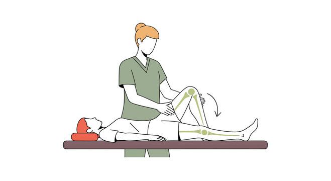 Physical therapist performs knee flexion exercise on a patient lying on a table.