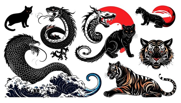 Cats, dragons, and tigers in black ink, various poses. Some with red sun or waves, Japanese tattoo style art