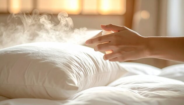 温かいランプの光の中で白い枕にアロマミストをスプレーしている手元