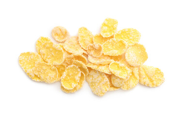 Pile of tasty corn flakes isolated on white, top view