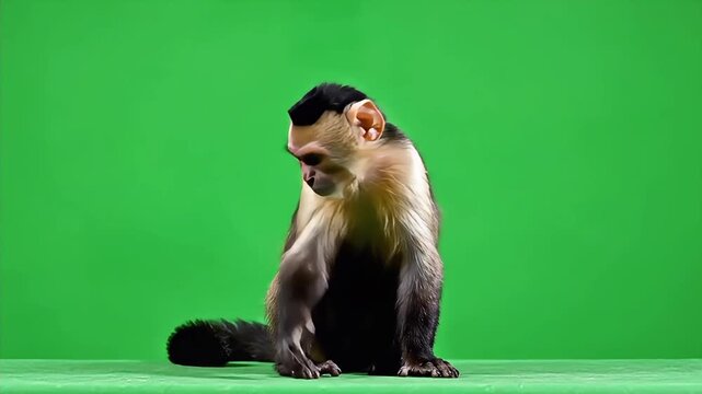 Cute Capuchin Monkey on Green Screen Background Looking Around and Scratching Ear.