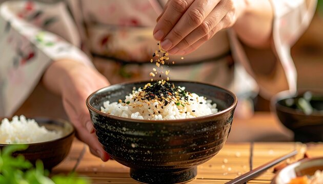 着物姿の女性が木製台の上に置かれた黒い陶器のご飯茶碗にふりかけをかけているクローズアップ
