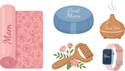 Various wellness and self-care items for Mother's Day including a yoga mat, diffuser, and smartwatch are displayed against a white background.