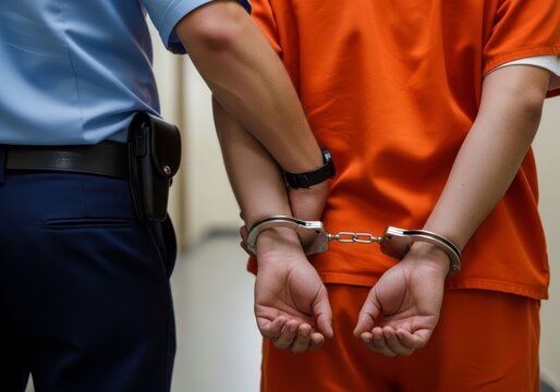 Close-up of a prisoner in an orange jumpsuit standing with hands handcuffed behind his back, escorted by a police officer.