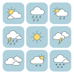 Obraz premium Comprehensive weather icon set featuring sun, clouds, rain, lightning, and snow symbols. Hand drawn vector illustrations
